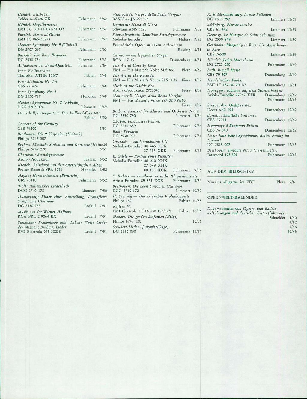 Händel: Belshazzar Teldec 6.35326 GK Fuhrmann 5/62 Händel: Orgelkonzerte EMI IC 163-14 051/54 QY Fuhrmann 3/62 Puccini: Messa di Gloria EMI IC 065-30878 Fuhrmann 5/62 Mahler: Symphony Nr.
