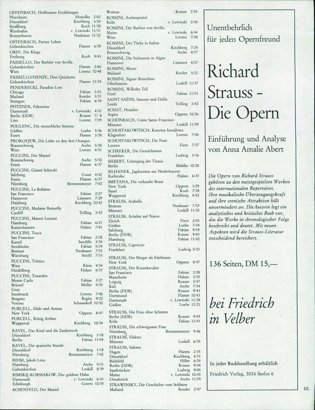 OFFENBACH, Hoffmanns Erzählungen Pforzheim Honolka 2/62 Düsseldorf Kirchberg 5/24 Straßburg Koch 11/30 Wiesbaden v.