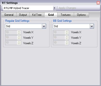 3.4. Grid Regular Grid Settings Zusätzliche für die Beschleunigungsstruktur Gitter. 1. Manual Settings Ermöglicht die manuelle Beeinflussung der Anzahl an Voxeln in XYZ-Richtung. 2.
