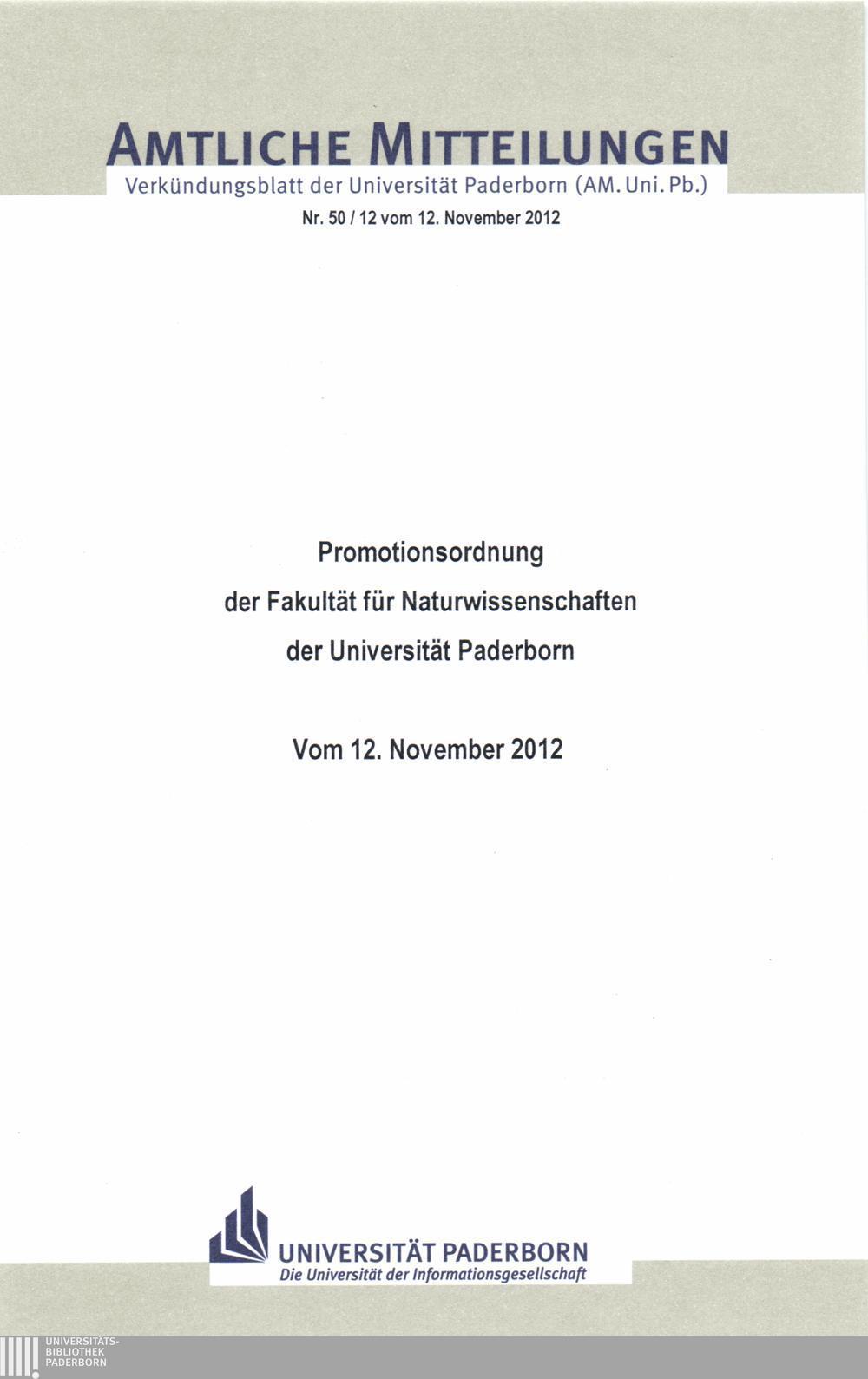 Amtliche Mitteilungen Verkündungsblatt der Universität Paderborn (AM. Uni. Pb.) Nr. 50 /12 vom 12.