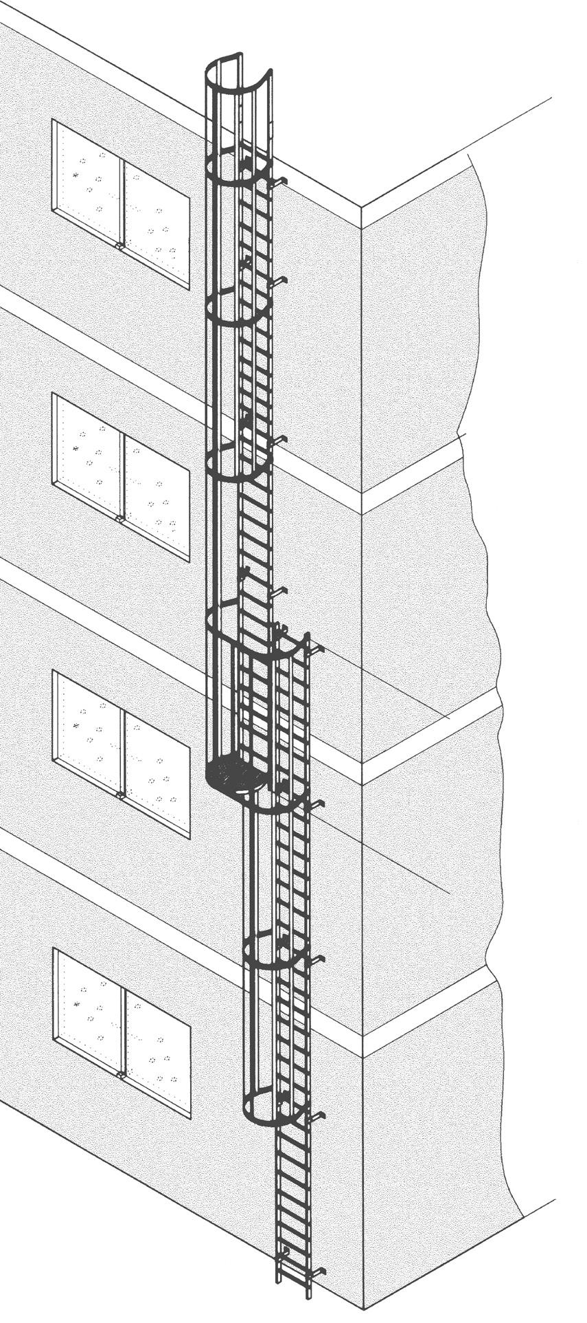 Ortsfeste Steigleitern Mehrzügige Steigleiter ( größer 0,00 m) Bei Steigleiteranlagen mit Rückenschutzkorb darf nach UVV jeder Leiternzug max.