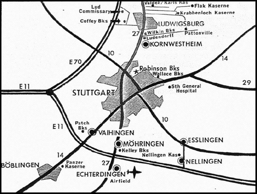 Lagekarte des Truppenstützpunktes der US Army in Stuttgart-Vaihingen, mit den