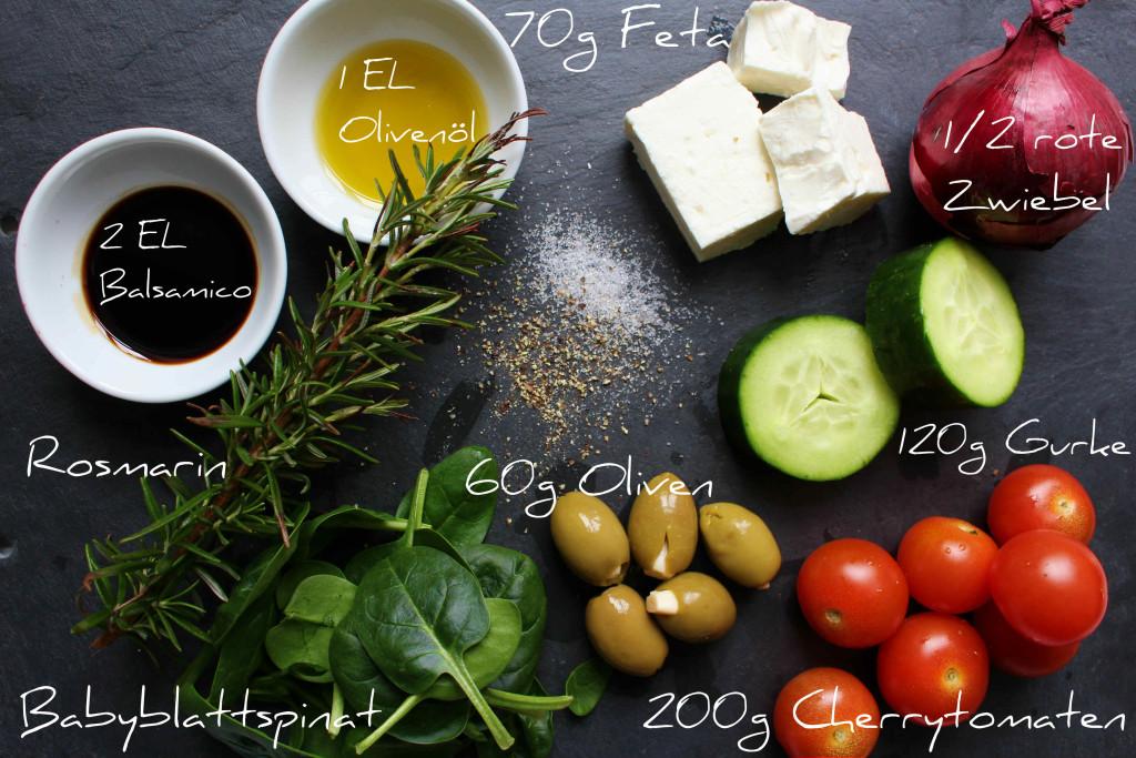Griechischer Salat Ihr benötigt: Dressing: 2 EL Balsamicoessig 3 EL Wasser 1 EL Olivenöl 1