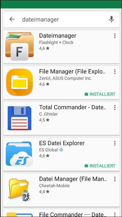 Tippen auf die App Play Store (linkes Bild). Es öffnet sich der Play Store. Eingabe von Dateimanager im Suchfeld (mittleres Bild).
