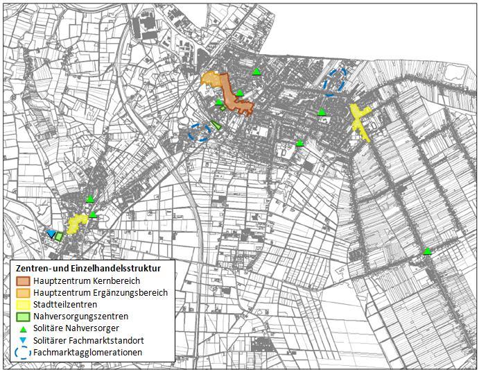 Abb. 62: Übersicht Zentren- und Einzelhandelsstruktur Kartengrundlage: Stadt