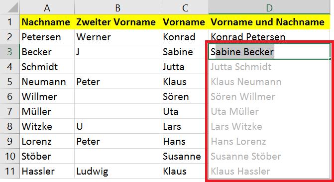 Im ersten Beispiel sollen nun in Spalte D Vor- und Nachname getrennt durch ein Leerzeichen eingegeben werden. Geben Sie in die Tabellenzelle D2 Konrad Petersen ein und bestätigen die Eingabe.