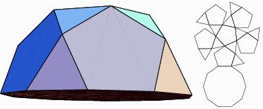 : Pentagonal cupola Koordinaten der unteren 10 Ecken (± [(1 + 5) (5 + 5)] / (4 2) ; ± 1/2 ; 0 ) (± [(1 + 5) (5-5)] / (4 2) ; ± (3 + 5) / 2 ; 0 ) (0, ± 1/2 (1 + 5) ; 0 ) Koordinaten der oberen 5