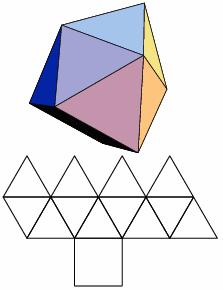 Pyramide pentagonale allongée Ecken: 11, Flächen: 11, Kanten: 20, selbstduales Polyeder Volumen V = a³ (293/144 +251/360 5) 1,89572 a³ Oberfläche A = a²/4 (5 3 + (5 (5 + 2 5))) + 5 a² 8,88554 a² Höhe