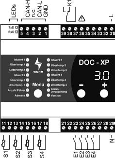 DOC-XP MESS- UND ÜBERWACHUNGSMODUL FÜR 4 TEMPERATUREN 3 8 Je Messstelle individuell wählbarer Temperaturfühler: - TRK277, K243: Messbereich -65 +65 C - DGF: Messbereich 0 +150 C Alarmierung mit
