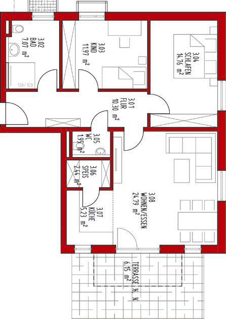 HAUS 3 EG WOHNUNG 3 3.01 Flur 10,30 m² 3.02 Bad 7,08 m² 3.03 Kind 11,97 m² 3.04 Schlafen 14,76 m² 3.05 WC 1,95 m² 3.