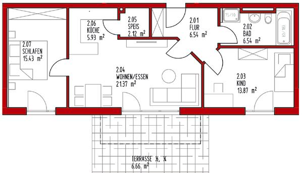 HAUS 9 EG WOHNUNG 2 2.01 Flur 6,54 m² 2.02 Bad 6,54 m² 2.03 Kind 13,87 m² 2.04 Wohnen/Essen 21,38 m² 2.
