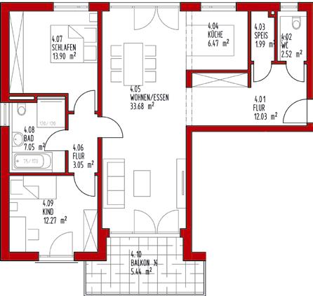 HAUS 9 1. OG WOHNUNG 4 4.01 Flur 12,03 m² 4.02 WC 2,52 m² 4.