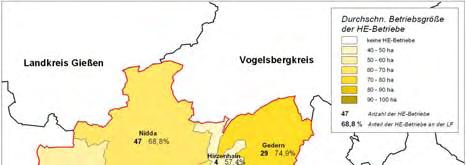 REGION MIT WEITBLICK Integriertes Regionales Entwicklungskonzept für die Region Oberhessen 22 Karte 6: Anzahl und Betriebsgröße der Haupterwerbsbetriebe und deren Anteil an der LF (links) und Anteil