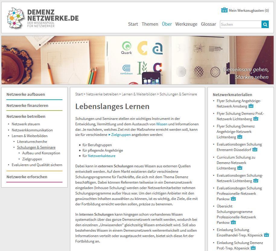 Online-Informations-Portal für Demenznetzwerke (www.demenznetzwerke.de) Mehr als 40 Themenseiten Bsp.