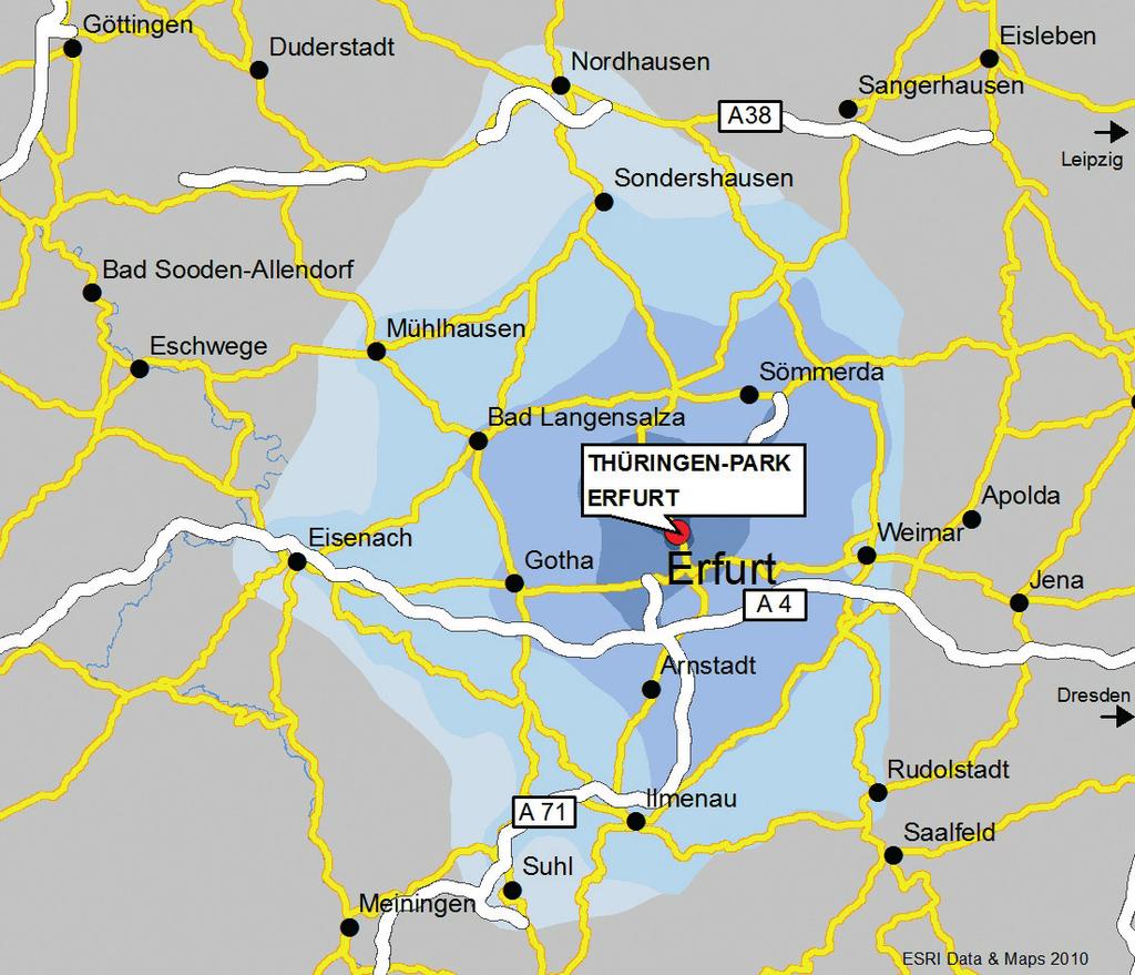 Erreichbarkeit / Einzugsgebiet Der Thüringen-Park ist einfach und bequem über die Autobahnen A4 und A71 und