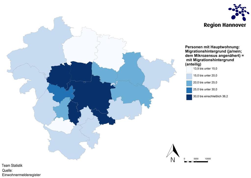 Abbildung 2: Anteil Personen mit Migrationshintergrund Bezogen auf die Altersgruppen wächst die Region Hannover gegenwärtig bei den Minderjährigen und bei den Senioren.