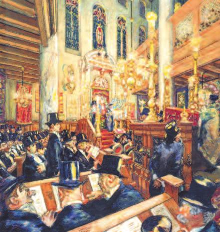 Feierlicher Gottesdienst in der Synagoge. Aquarelle von Martin Monnickendam, Amsterdam 1935, die anlässlich der 300 Jahre der Neederlands-Israëlietische Hoofdsynagoge gemalt wurde.