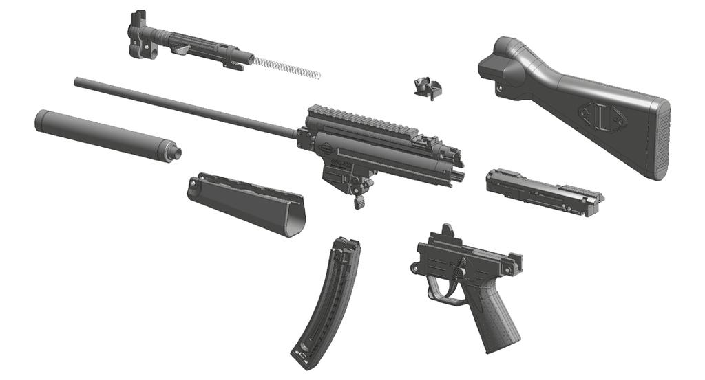 D-01.3: Hauptbestandteile / Baugruppenübersicht der GSG-522 Carbine Spannrohr Drehdioptervisierung Lauf