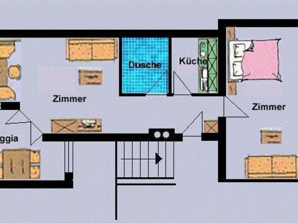 Grundriss Appartement "Arzjoch" Ferienwohnung "Arzjoch" für 2 Personen mit einem Schlafraum, Dusche, WC, Kochnische, gemütliche Sitzecke, riesiger
