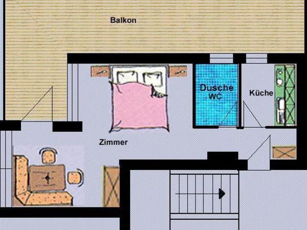 Grundriss Appartement "Hambergblick" Ferienwohnung "Hambergblick" für 4 Personen, ein Schlafzimmer mit Doppelbett, Dusche, WC, Kochnische, ein