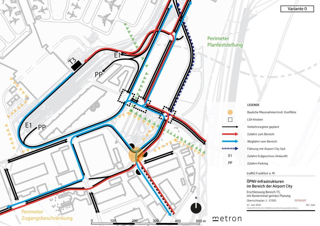 «Lupe» Anbindung T3 (Situationsplan geplante Erschliessung T3) Grosser Umweg auf der Zufahrt von Westen (CCS) zum T3 Anpassung der geplanten Infrastruktur: Möglichkeiten von durchlaufenden Bus-Linien