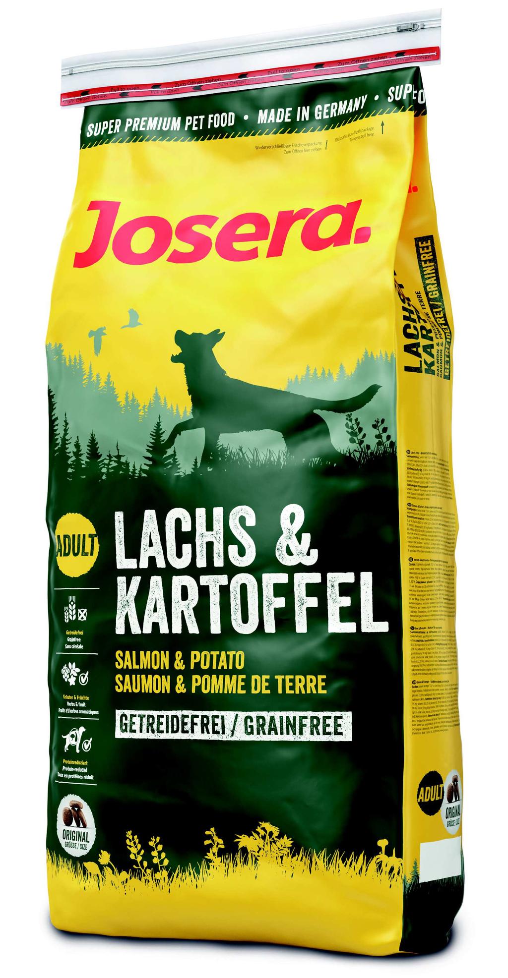 JOSERA Lachs & Kartoffel Getreidefrei Der getreidefreie Hochgenuss für unsere Leckermäuler: Lachs und Kartoffel, mit Kräutern und Früchten.