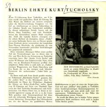 1 Berlin ehrte Kurt Tucholsky Mary Gerold-Tucholsky bei der Enthüllung der Gedenktafel am Geburtshaus Tucholskys in der Lübecker Straße 13, Berlin-Moabit.