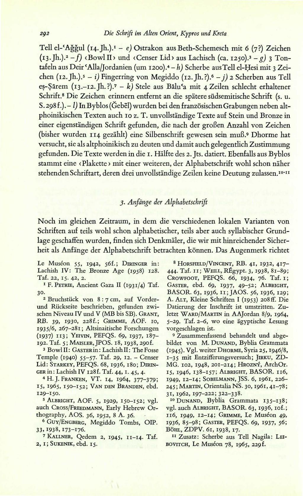 202 Die Schrift im Alten Orient, Kypros und Kreta Teil el-'aggul (14. Jh.). 1 - e) Ostrakon aus Beth-Schemesch mit 6 (7?) Zeichen (13. Jh.). 2 -f) <BowlII> und <Censer Lid> aus Lachisch (ca. 1250).