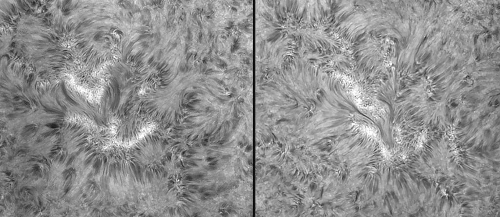 Als letztes Beispiel zeige ich den Vergleich einer aktiven H-alpha Region (ohne sichtbaren Sonnenfleck im Weißlicht), aufgenommen jeweils mit dem TZ-3 bei f = 3.250mm Brennweite und 110mm Öffnung.