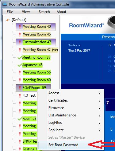 Ändern des Root-Passworts auf einer ausgewählten Gruppe von RoomWizard Geräten RWAC ermöglicht Ihnen, das Root-Passwort auf mehreren RoomWizard Geräten gleichzeitig zu ändern.