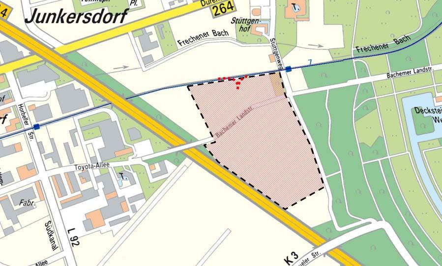 Marsdorf Zulaufstrecke Abbildung 9: betrachtete Fläche Marsdorf Die Grünfläche ist im FNP für eine Nutzung durch Dauerkleingärten bzw. Verkehrsgrün ausgewiesen.