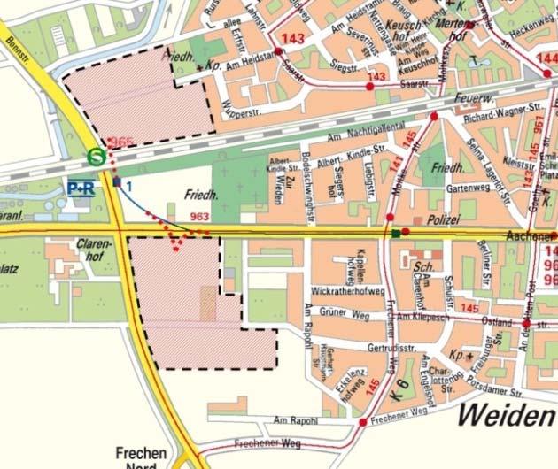 Weiden West, Nord und Süd Zulaufstrecke Abbildung 14: betrachtete Flächen Weiden West Die Flächen liegen an der Stadtbahnstrecke der Linie 1 und über den Kreuzungspunkt Aachener Str.