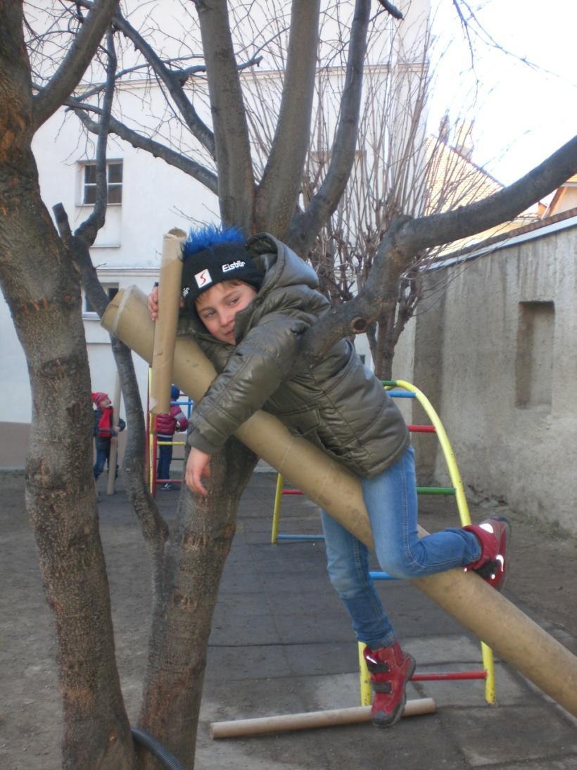 So haben die Kinder einfach eine der langen Röhren zu einer Rampe umfunktioniert, um auf den Baum zu gelangen, ohne den Baum dabei zu berühren.