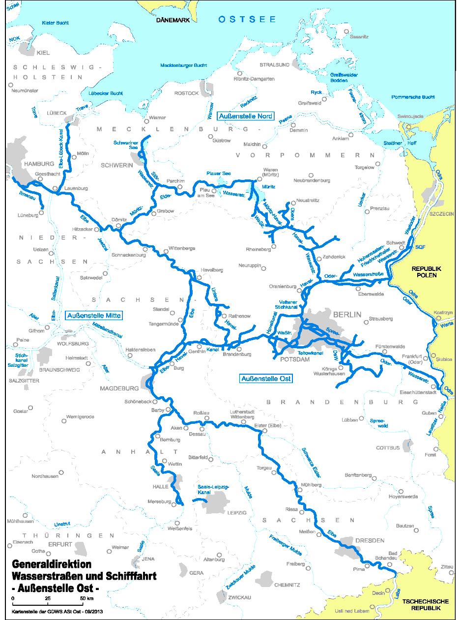 Zuständigkeitsbereich der GDWS ASt Ost Bundeswasserstraßen zwischen Elbe und Oder in den Flussgebietseinheiten Elbe, Oder und