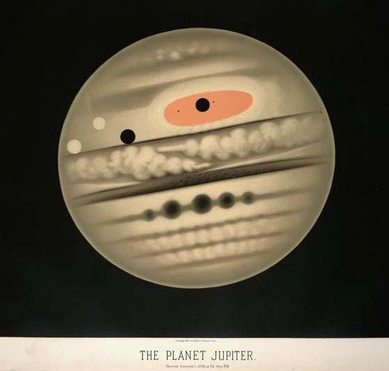 Abb. 2 Jupiterzeichnungen aus den Jahren um 1860. Die Jupiterzeichnungen stammen von dem britischen Astronomen Thomas William Webb [1]. Die Details zeigen Wolkenbänder und möglicherweise den GRF.