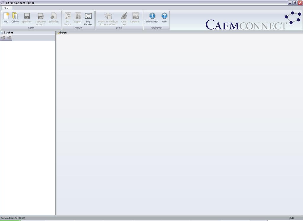 3 Programmoberfläche CAFM-Connect-Editor Mit dem Programmstart öffnet sich das Hauptformular des CAFM-Connect-Editors: Der obere Bereich unter [Start] bildet die Symbolleiste ab.