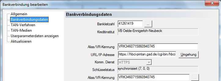 3. Wählen Sie den Menüpunkt «Bankverbindungsdaten» aus und tragen im Feld «Bankleitzahl» die neue Bankleitzahl «30560548» ein.