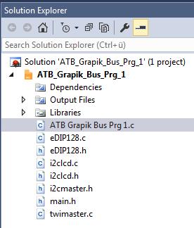Die Programmierung erfolgt in C mit dem Atmel Studio 7.0. Die folgenden Dateien sind notwendig und in das Programm einzubinden: ATB Graphik Bus Prg 1.c edip128.c edip128.h i2cmaster.h main.