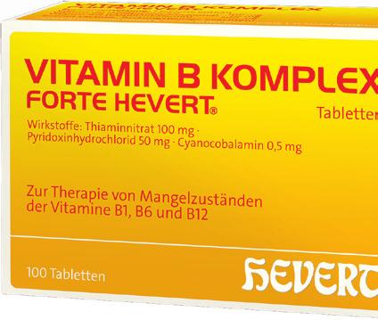 VITAMIN B KOMPLEX FORTE HEVERT Zur Therapie von B-Vitamin-Mangelzuständen Rückseite Auszieher rechts THERAPIE Dosierung Kurzzeitanwendung (bis zu 4 Wochen): 1 2x täglich 1 Tablette Langzeitanwendung:
