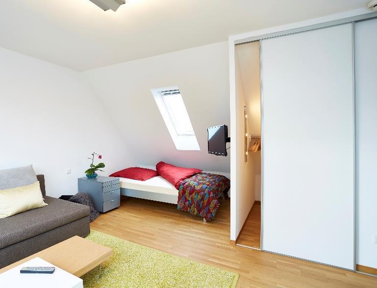 Möbliertes 1-Zimmer Apartment MAINZ-GONSENHEIM WOHN-, SCHLAFZIMMER & LOGGIA Der Wohn-, Ess-, und Schlafbereich integriert sich harmonisch in einem offenen
