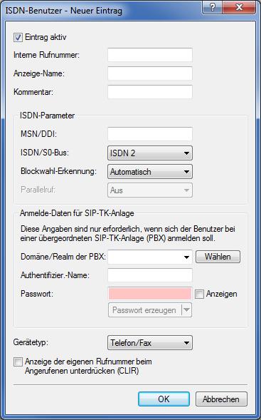 ISDN-Benutzer Die Konfiguration der entsprechenden ISDN-Benutzer erfolgt mit einem Klick auf die Schaltfläche ISDN-Benutzer. Eintrag aktiv Aktiviert bzw. deaktiviert diesen Eintrag.