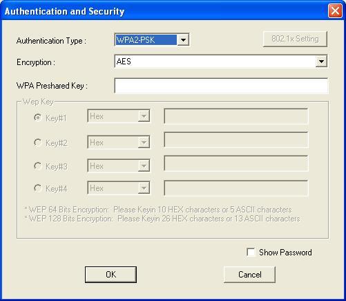 3. Wenn für den Funk-Zugangspunkt Verschlüsselung eingesetzt wird, müssen Sie die WEP-Passphrase oder den vorher vereinbarten WPA-Schlüssel eingeben.