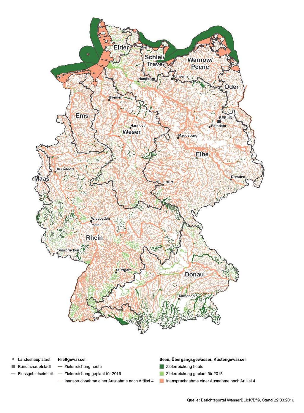 5.1 Ausnahmen in Deutschland Innerhalb des ersten Bewirtschaftungszyklus werden für 82% aller Oberflächenwasserkörper Ausnahmen in Anspruch genommen (Karte 8, Abbildung 18).