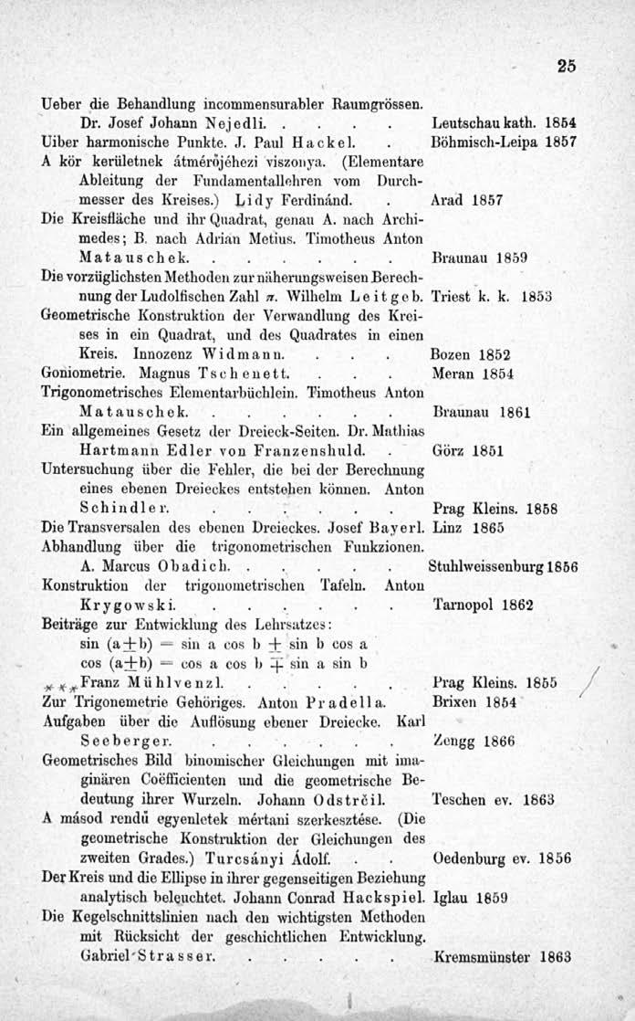 Ueber die Behandlung incommensurabler Raumgrössen. Dr. Josef Johann Nejedli... Leutschau kath. 1854 Uiber harmonische Punkte. J. Paul Hackel.