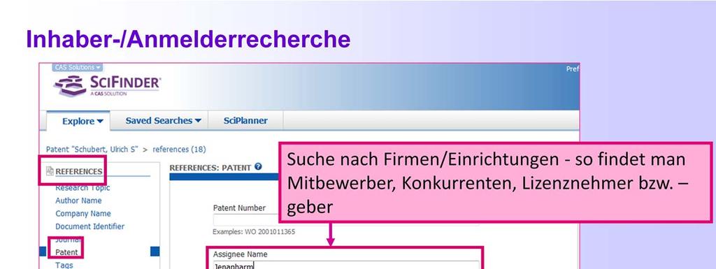 Mit References/Patent/Assignee Name kann man nach Instituten, Firmen,