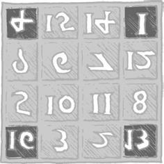 Magie oder Mathematik Muster in magischen Quadraten suchen Material: Buntstift Suche in den magischen Quadraten jeweils vier Zahlen, deren Summe 34 ergibt.