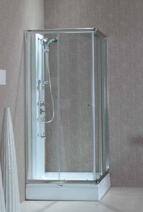 TREND 100 Cabine de douche carrée, accès angle avec deux portes coulissantes et deux panneaux fixes. Verre épaisseur 6 mm tempéré (verre de sécurité). Finition des profilés: Aluminium chromé.