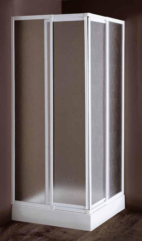 M1 ACRYLIQUE / ACRYL Cabine de douche carrée, accès angle avec deux portes coulissantes et deux panneaux fixes. Vitrage: acrylique3mm. Finition des profilés: blanc Fermeture magnétique.