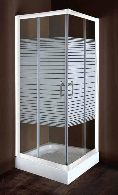 Μ/1 Cabine de douche carrée, accès angle avec deux portes coulissantes et deux panneaux fixes. Verre sérigraphié épaisseur 6 mm tempéré (verre de sécurité). Finition des profilés: blanc.