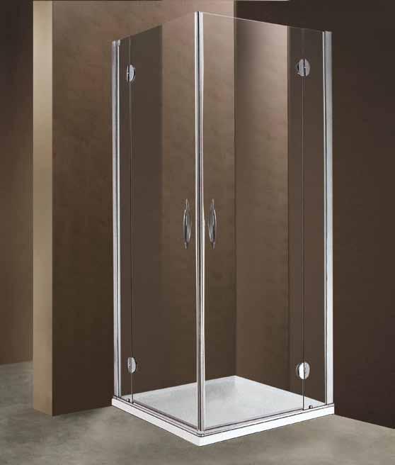 ON 100 Cabine de douche carrée, accès angle avec deux portes pivotantes et deux panneaux fixes. Verre transparent épaisseur 6 mm tempéré (verre de sécurité).